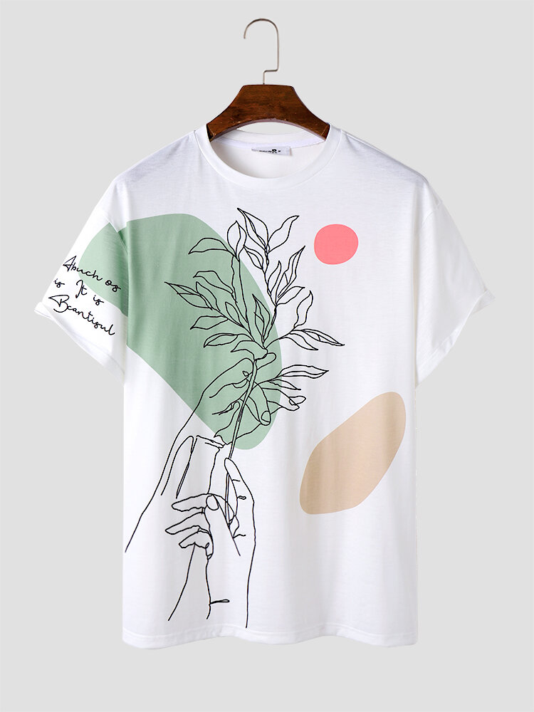 Mens Line Drawing Plant Hand Print Colorblock Short Sleeve T-Shirts