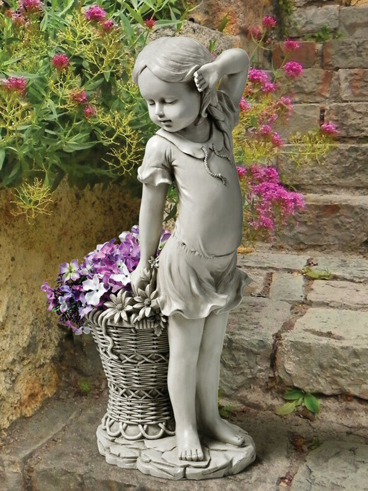 1 PC Resin Flower Girl Garden Statue Sculpture Child Figurine Planter Basket Lawn Ornament Outdoor Garden Yard Decor