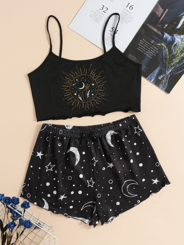 

Women Sun & Moon Starry Sky Print Lettuce Trims Crop Strappy Pajamas Sets, Black