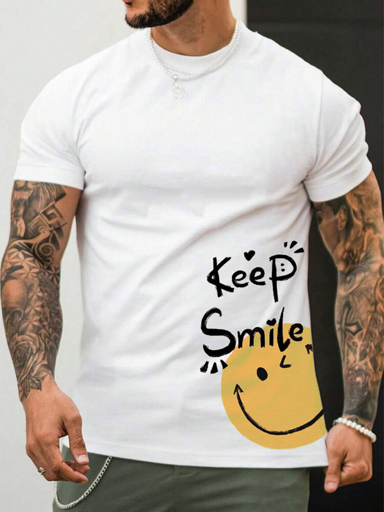 T-shirt à manches courtes et col rond pour homme avec slogan souriant imprimé sur le côté, hiver