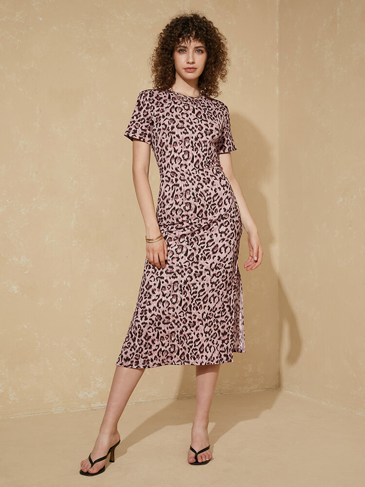Leopard Print Slit Crew Neck Short Sleeve Casual Dress