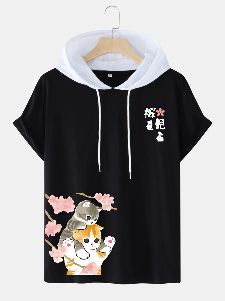 Mens Cherry Blossoms Cat Print Short Sleeve Hooded T-Shirts