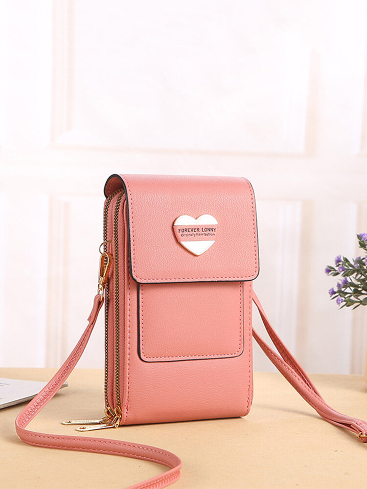 Casual Multifunction Double-Layer Touch Screen Crossbody Bag Faux Leather Heart Decoration Phone Bag