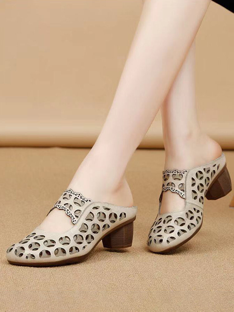 Women Casual Trendy Vintage Soft Comfy Breathable Hollow Heeled Slippers