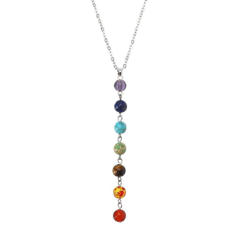 

Women's Colorful Balance Yoga Reiki Prayer Stone 7 Chakra Beads Ball Pendant Necklace