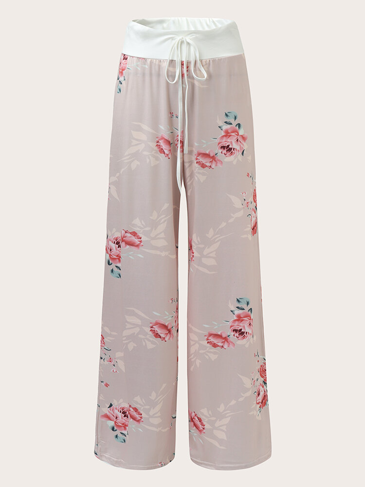 Plus Size Calico Pattern Patchwork Knotted Wide-leg Pants