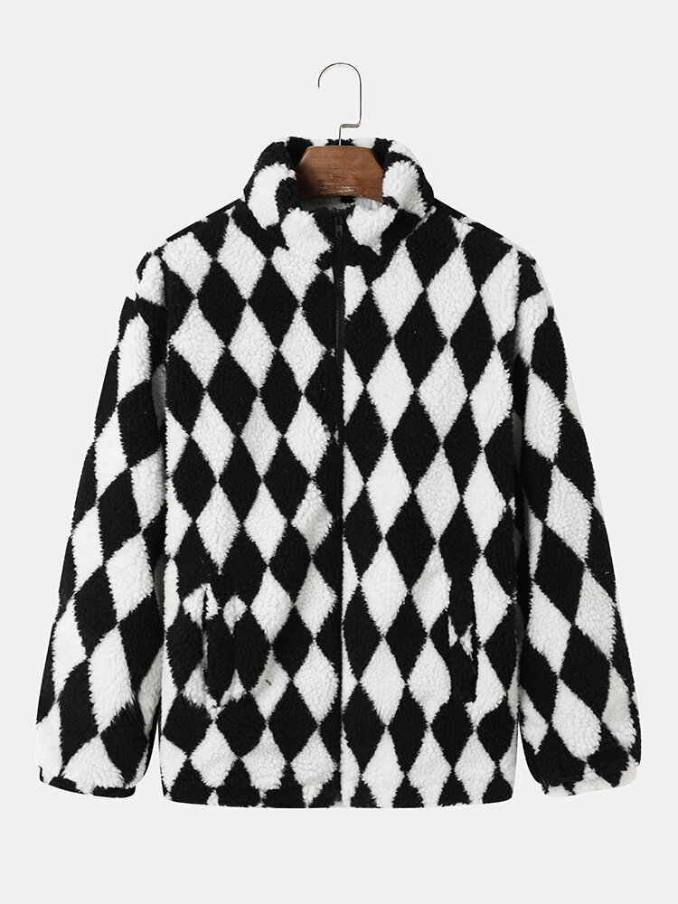Mens Argyle Pattern Zip Up Stand Collar Preppy Fleece Plush Jacket