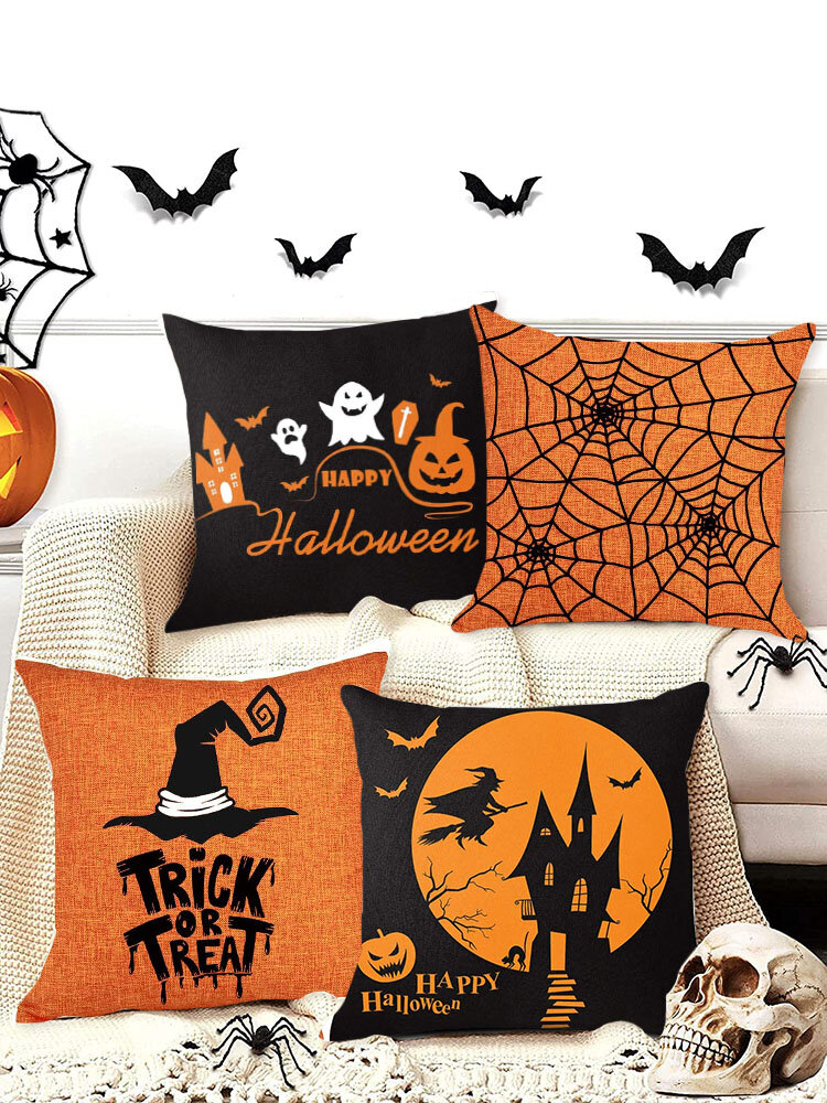 4 PCs Retro Linen Pumpkin Clown Bat Pattern Festival Decoration Halloween Cushion Cover Throw Pillow Cover Pillowcase