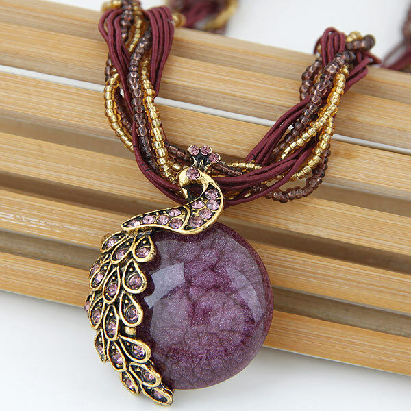 

Bohemian Pendant Necklace Handmade Beaded Tessal Vein Gemstone Charm Ethnic Jewelry for Women, Yellow;purple;green;blue;orange;deep purple