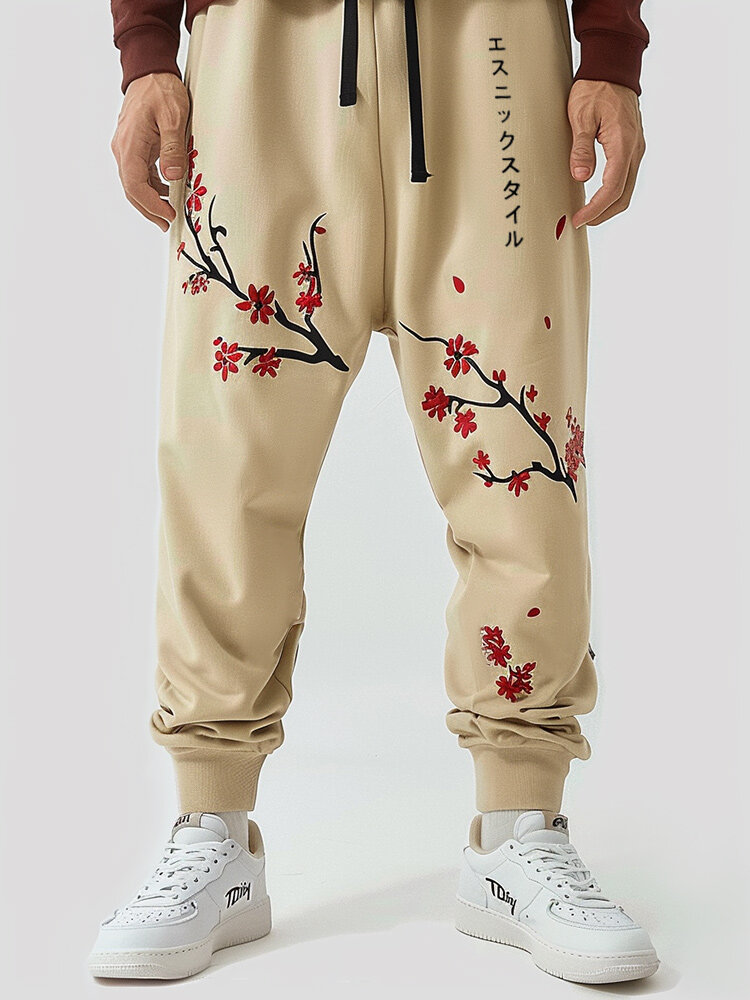 

Mens Casual Drawstring Waist Japanese Plum Bossom Print Pants, Khaki