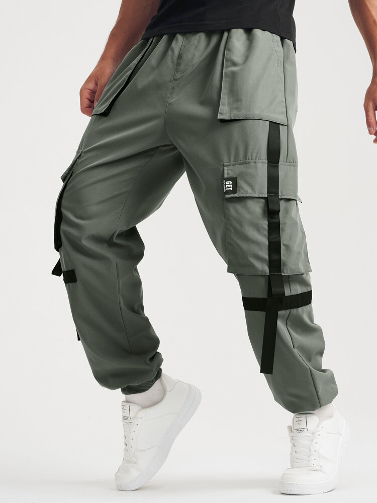 Mens Contrast Strap Design Multi Pocket Street Cargo Pants