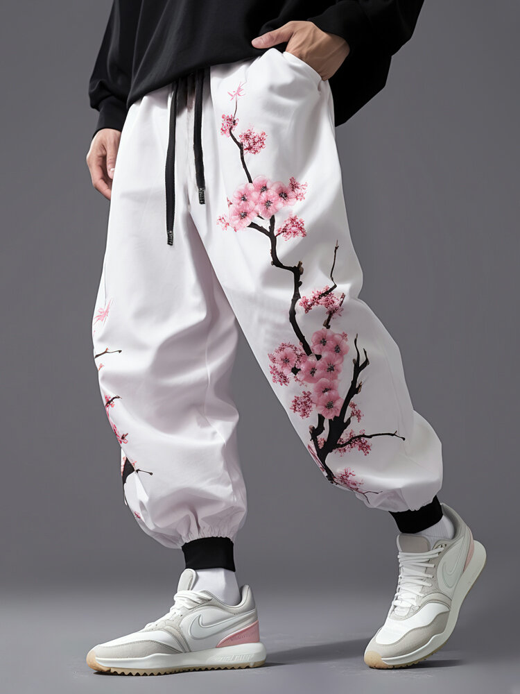 Mens Japanese Cherry Blossoms Print Loose Drawstring Waist Pants Winter