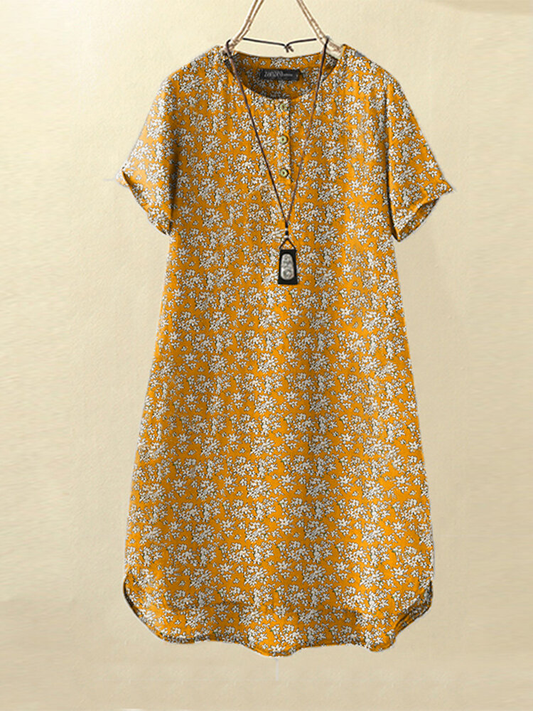 Vestido feminino ditsy estampa floral botão quarto manga curta