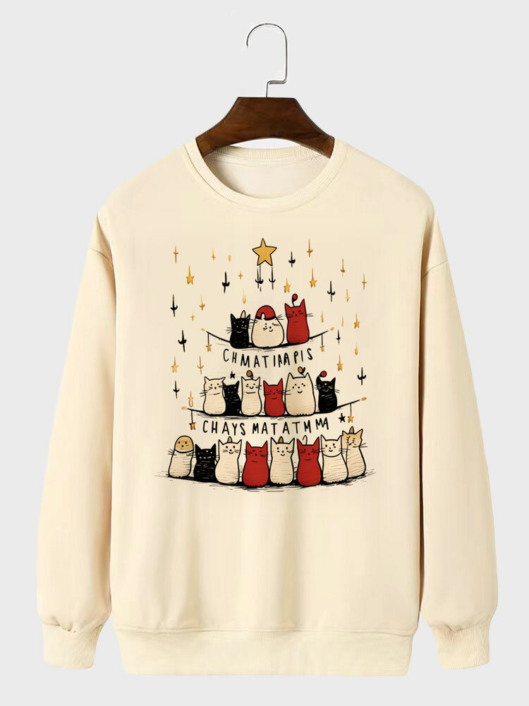ChArmkpR Mens Christmas Cartoon Cat Print Crew Neck Pullover Sweatshirts