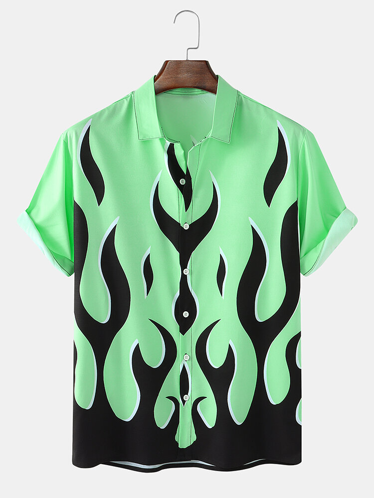 Mens Abstract Flame Print Button Up Short Sleeve Shirt