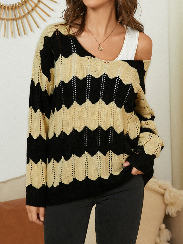 

Plus Size Contrast Color Hollow Knit V-neck Women Sweater, Khaki;black