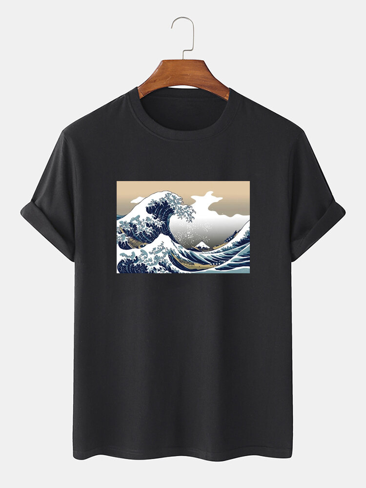Mens Sea Wave Pattern Short Sleeve 100% Cotton T-shirts