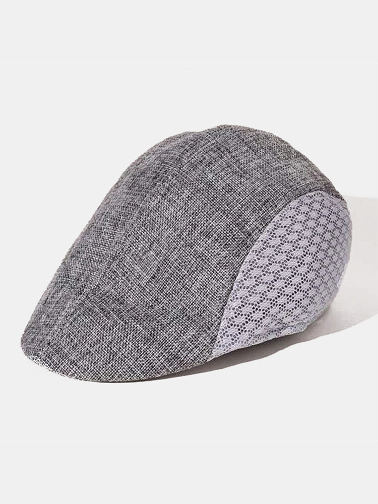 

Men Linen Mesh Patchwork Color-match Breathable Casual Sunscreen Beret Flat Caps, Black;white;wine red;gray;coffee;beige;royal blue