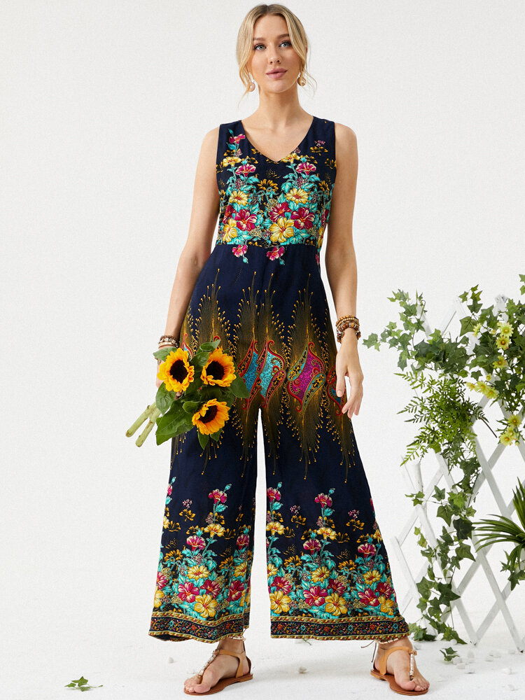 Floral Print Sleeveless Wide Leg Casual Jumpsuit for Women