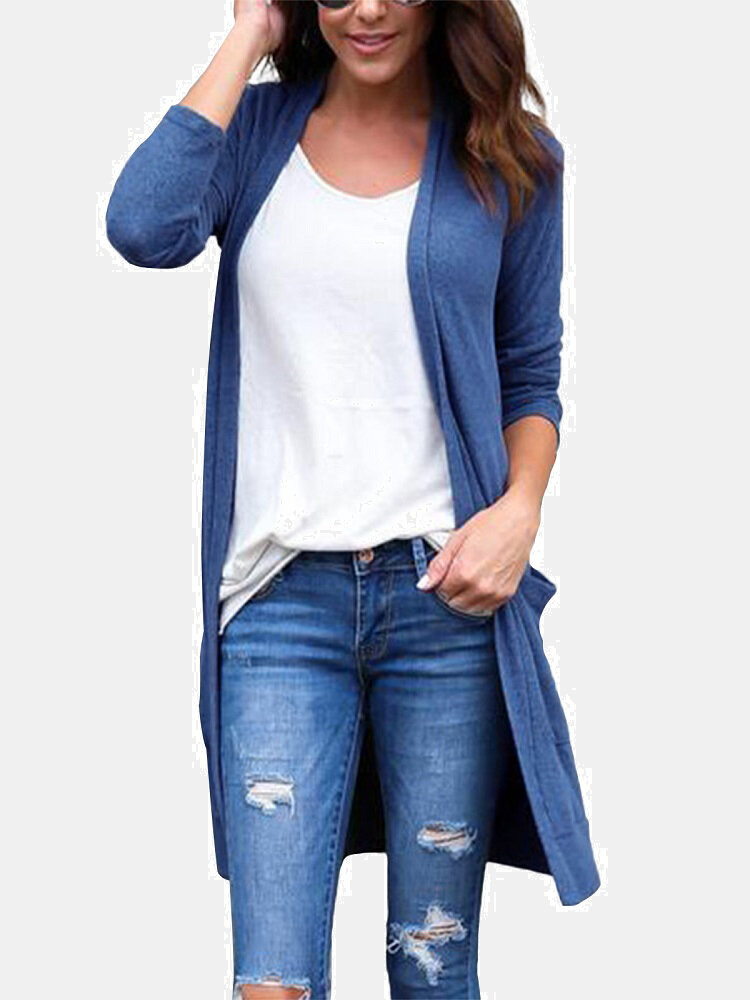 Solid Color Large Pocket Long Sleeve Casual Cardigan For Women