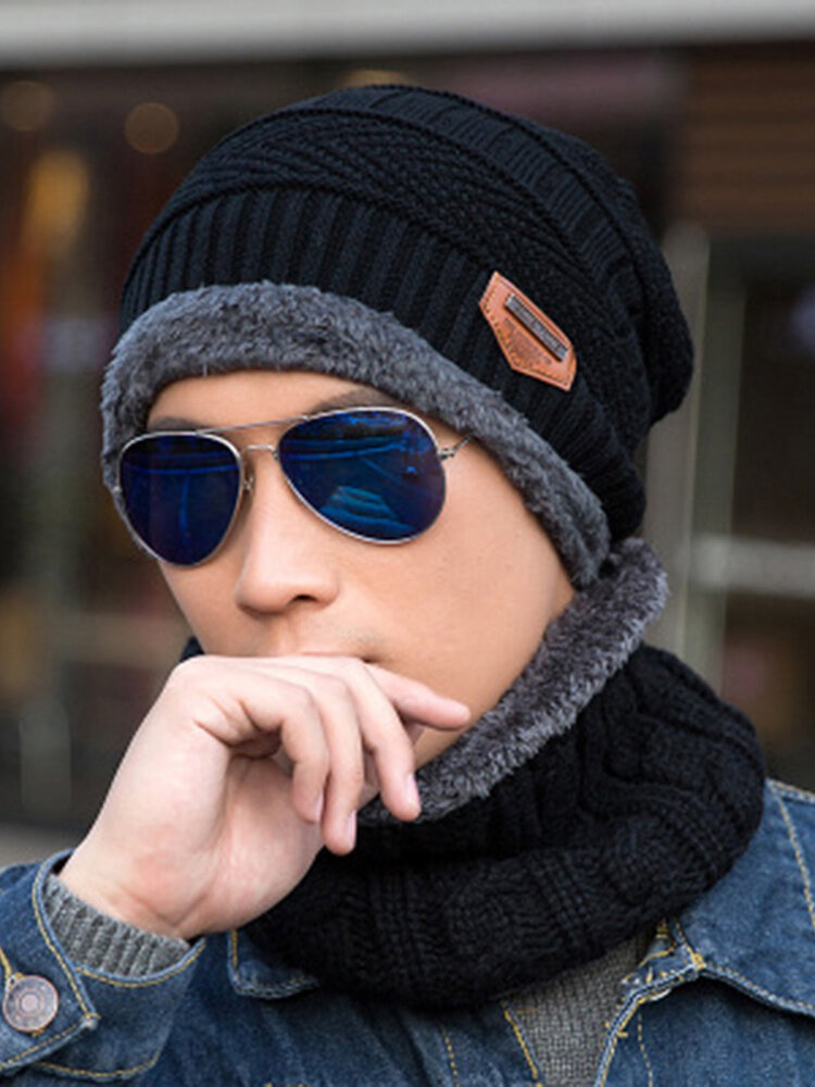 Men's Women's Winter Plus Wool Warm Knit Hat Casual Beanie Hat Two-Piece Suit With Circle Scarf