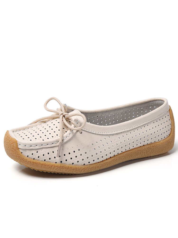 Women Breathable Hollow Leather Round Toe Butterfly Knot Flats