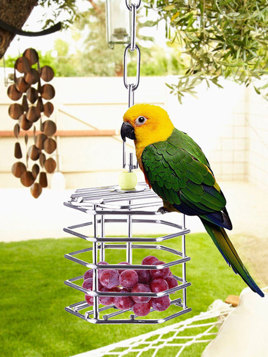 Stainless Steel Pet Bird Parrot Foraging Cage Pigeon Macaw Feeder Hanging Entertainment Toys