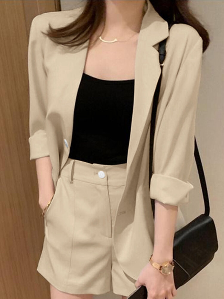 Solid Long Sleeve Pocket Button Front Two Pieces Suit