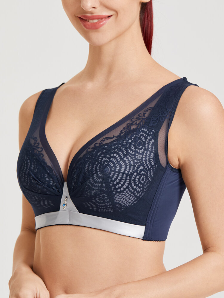 

Women Floral Lace Wireless Hit Color Wide Straps Breathable Strench Push Up Bras, Black;navy;nude;gray