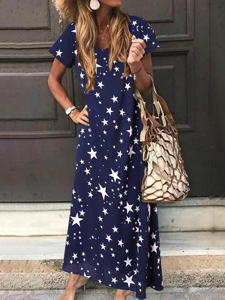 Stars Print V-neck A-line Plus Size Maxi Dress