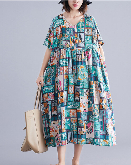 Summer Printed V-neck Art Plus Size Waist Vintage Dress