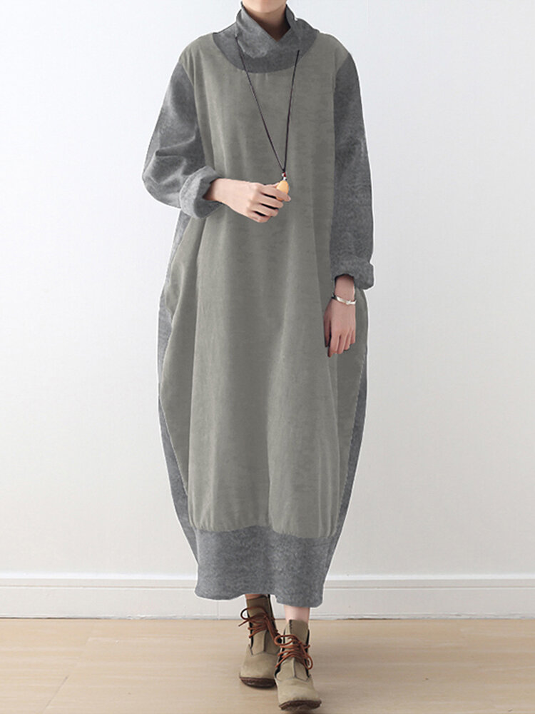 Solid Color Patchwork Pocket Long Sleeve High Neck Casual Dress