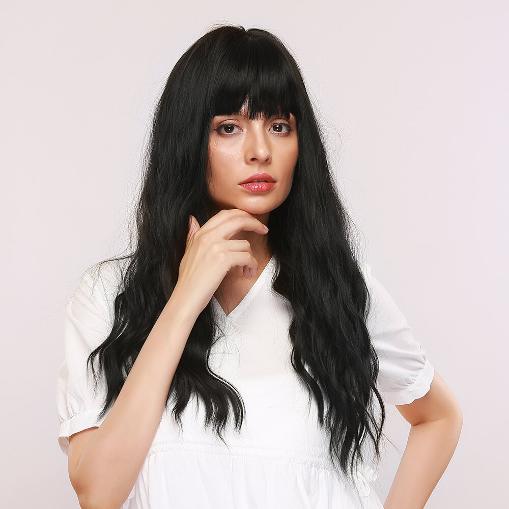 

28 Inches Bangs Natural Black Long Curly Hair Gentle Temperament Micro-volume Synthetic Wig