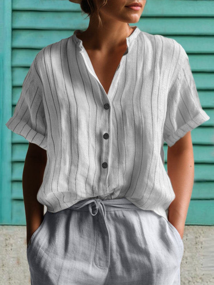 Women Striped Stand Collar Button Front Short Sleeve Shirt