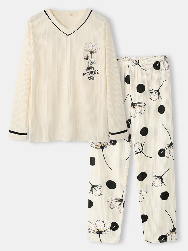 

Women Floral Print Contrast Trim V-Neck Ribbed Cotton Cozy Pajamas Sets, Beige;dark gray