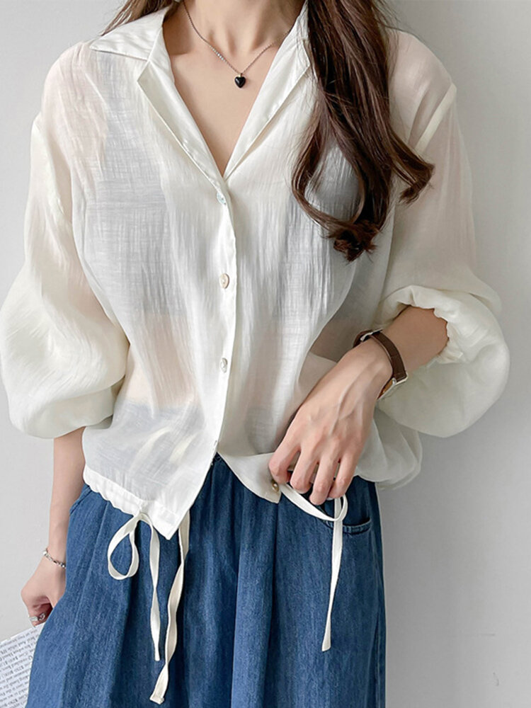 Solid Drawstring Button Lapel Long Sleeve Blouse