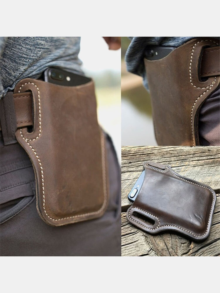 Men Genuine Leather 7.2 Inch EDC Retro Short Cell Phone Case Belt Bag