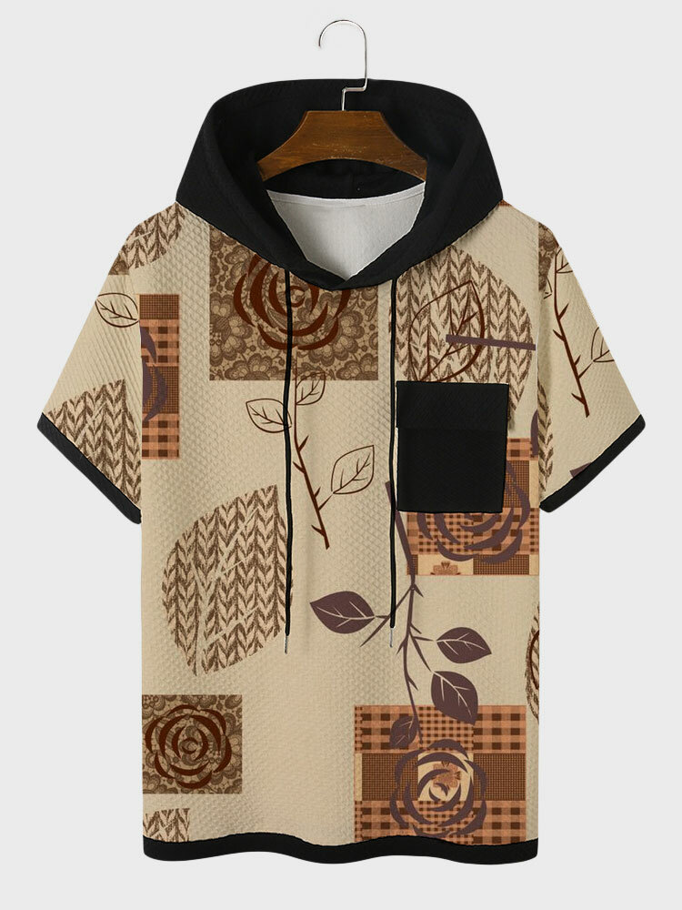 

Mens Rose Print Patch Pocket Hooded Short Sleeve T-Shirts, Brown