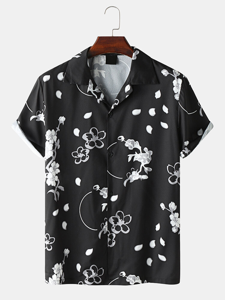 Mens Floral Print Black Short Sleeve Camp Collar Holiday Shirt