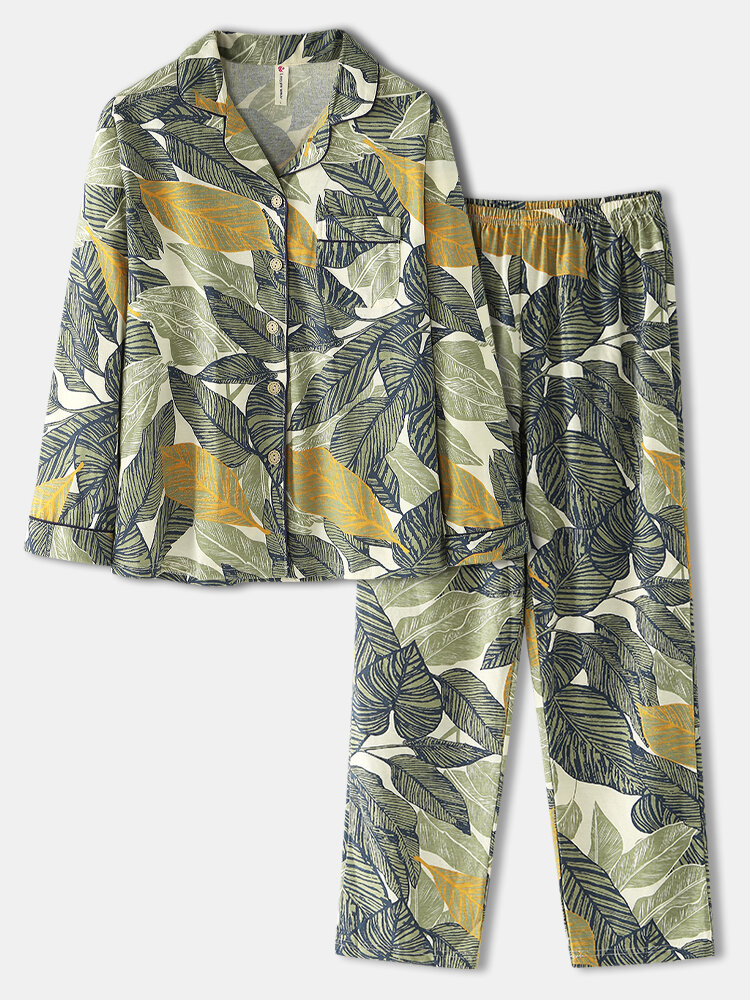 

Plus Size Women Allover Plant Leaf Print Cotton Lapel Pajamas Set With Contrast Binding, Green