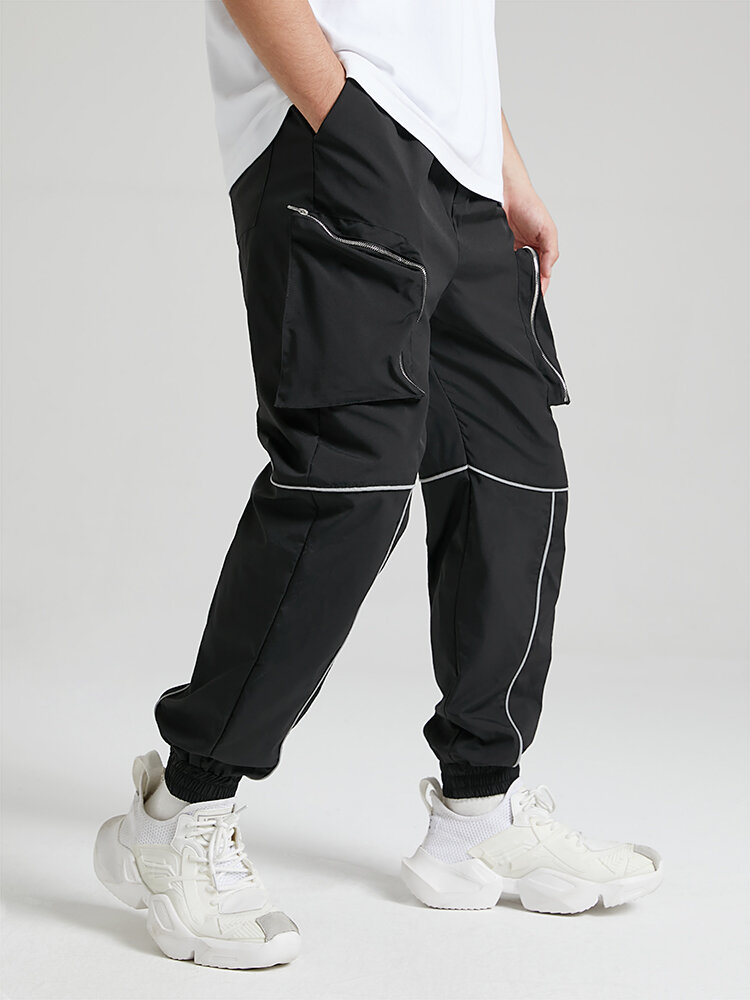 

Mens Contrast Piped Design Zip Pocket Street Cuffed Pants, Black