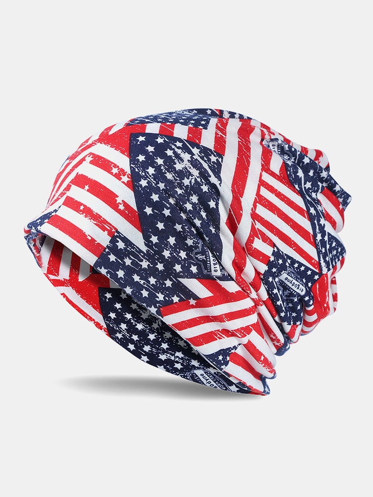 Unisex Dual-use Cotton American Flag Pattern Printing Fashion Scarf Beanie Hat