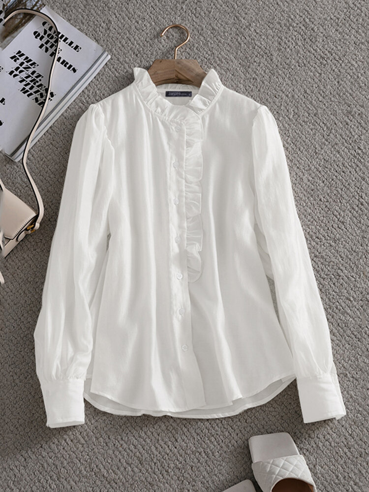 Solid Ruffle Stand Collar Long Sleeve Button Front Blouse