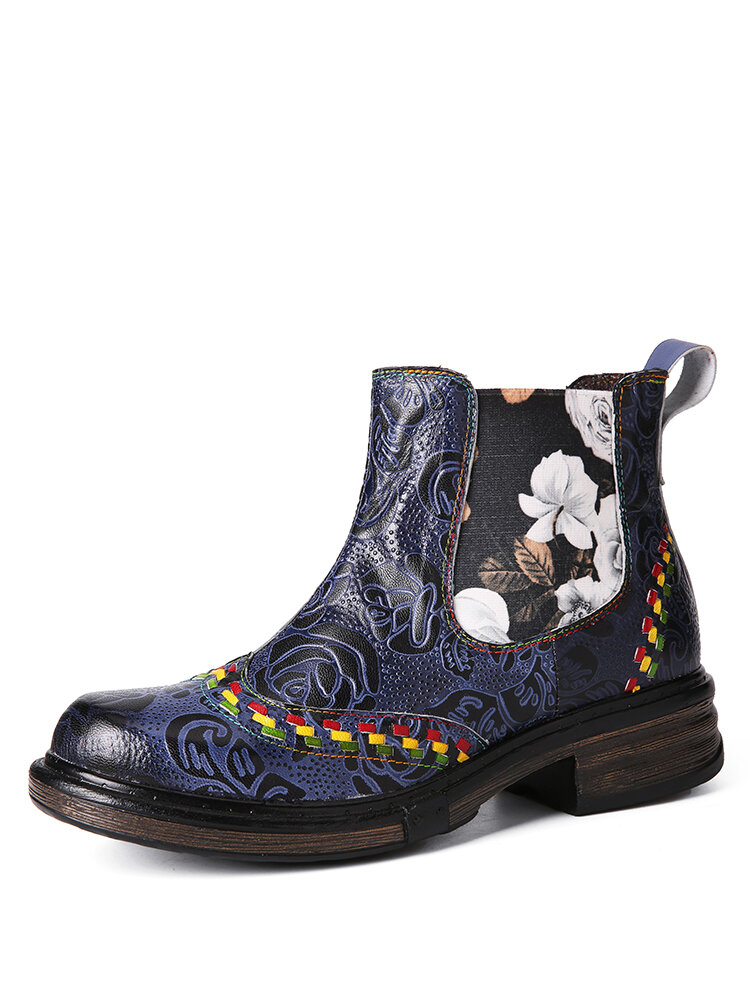 Socofy Retro Floral Embossing Leather Patchwork Comfortable Stitching Comfy Low Heel Chelsea Boots