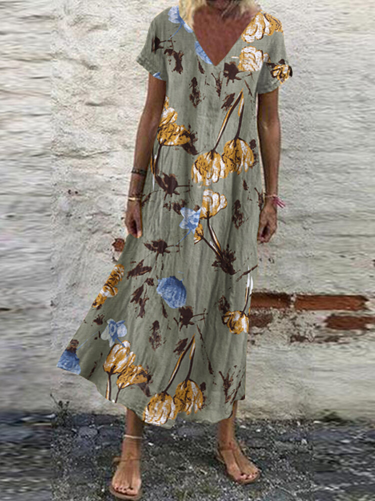 女性のための植物プリント半袖Vネックドレス