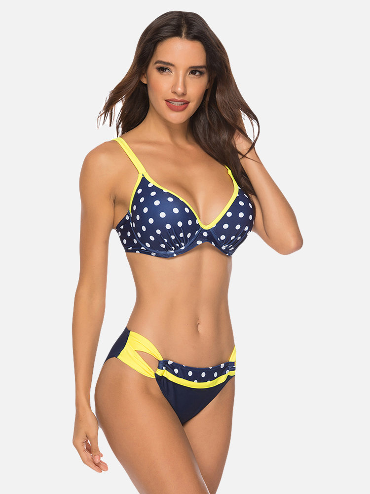 

Plus Size Women Sexy Swimsuits Polka Dot Underwire Patchwork Push Up Bikinis, Blue