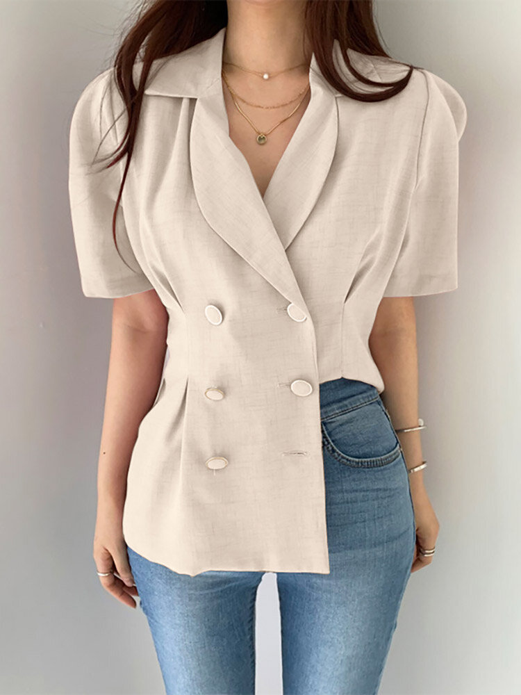 Women Double Breasted Puff Sleeve Solid Lapel Blazer