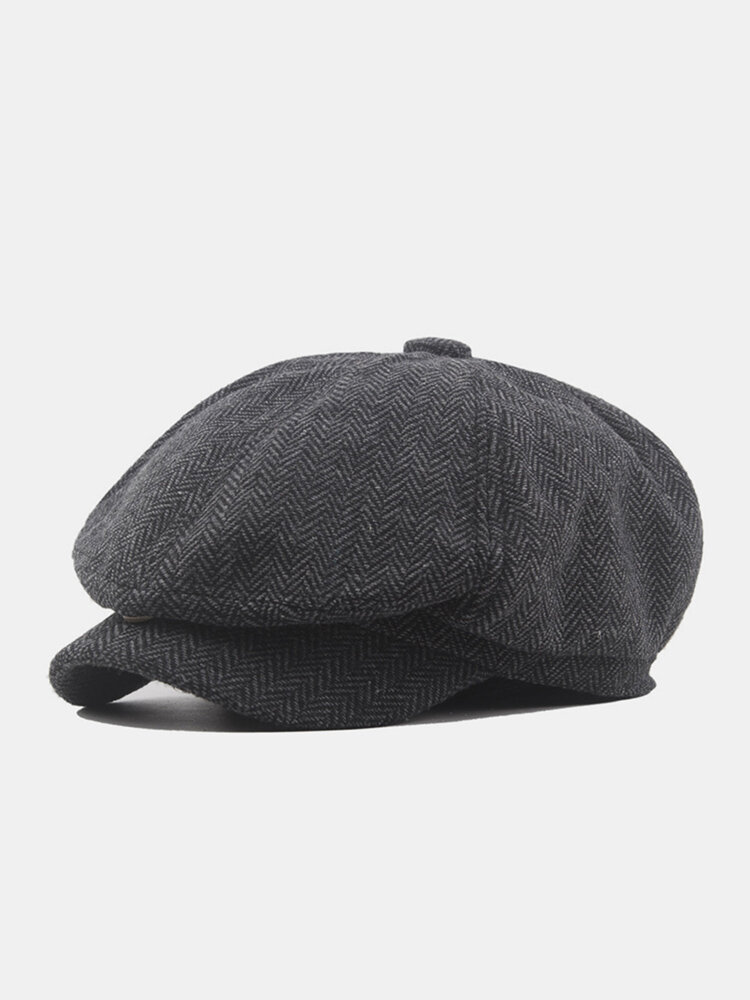 

Men Cotton Woolen Cloth Solid Herringbone Striped Pattern British Newsboy Hat Octagonal Hat Beret Flat Cap