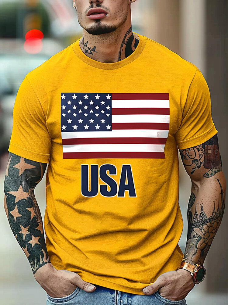 Camisetas de manga corta con estampado de letras y bandera estadounidense para hombre Cuello