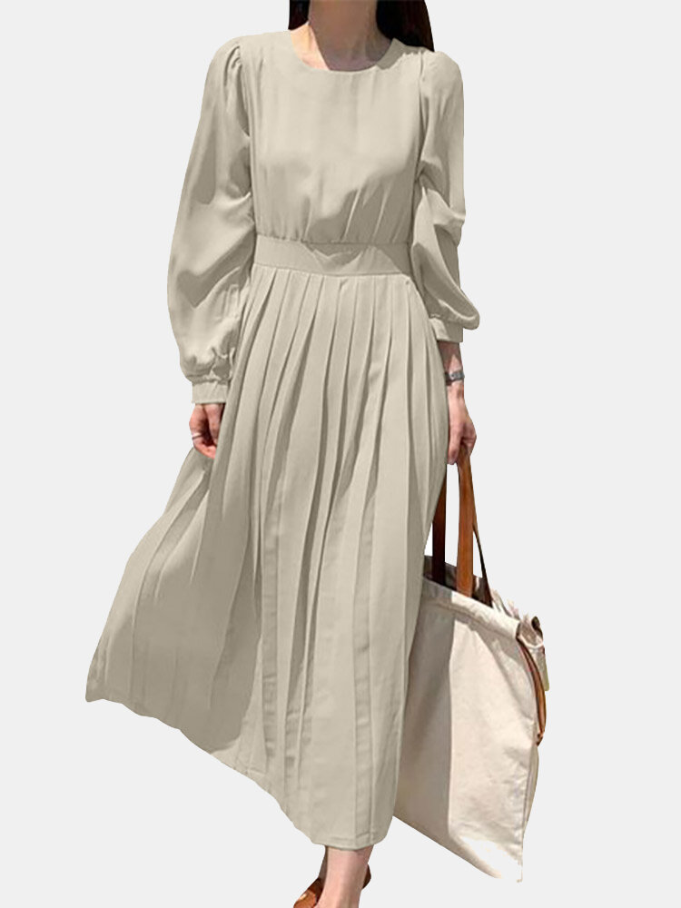 Solid Puff Sleeve Pleated Crew Neck Casual Dress